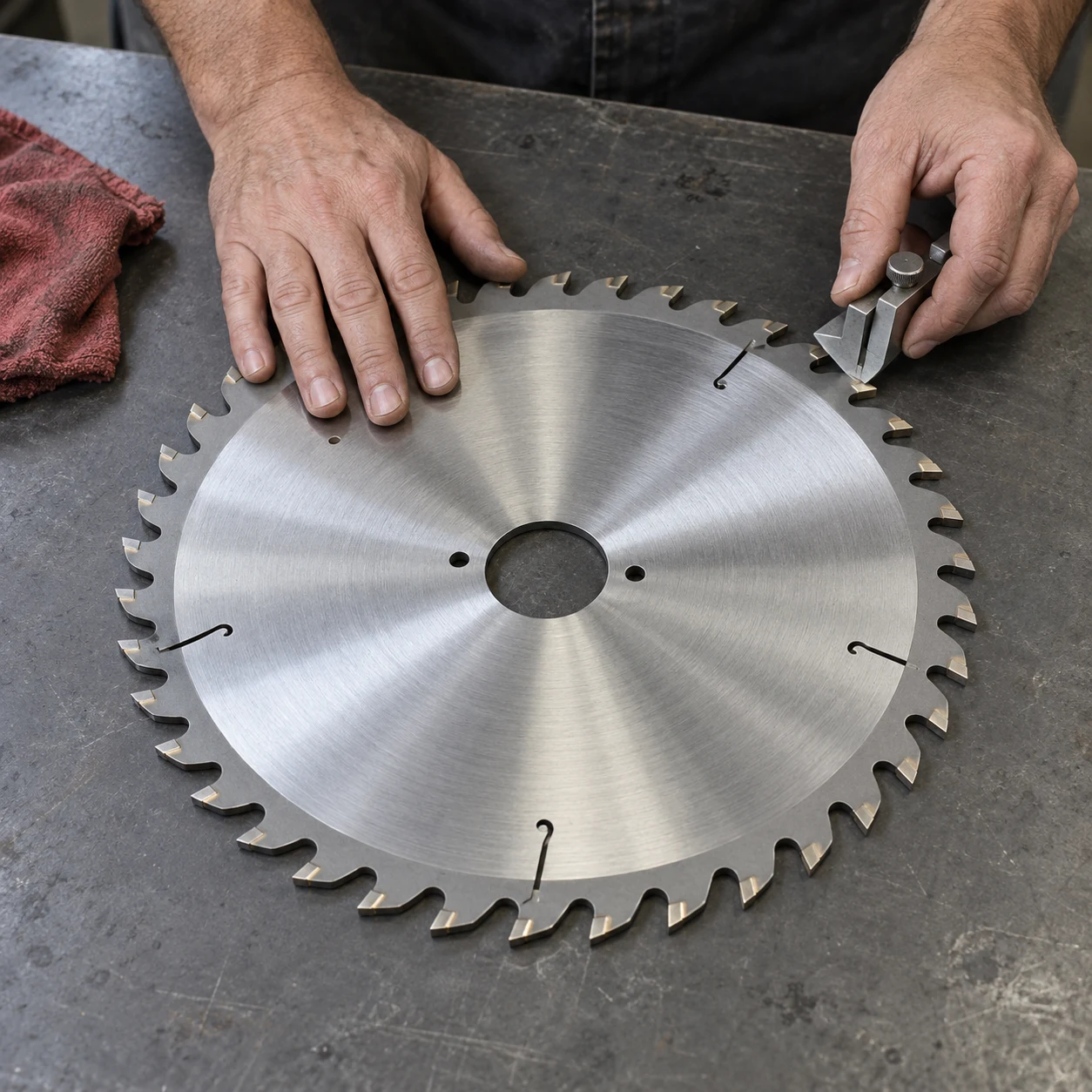 Illustrative photograph of a technician checking a circular saw blade’s tooth